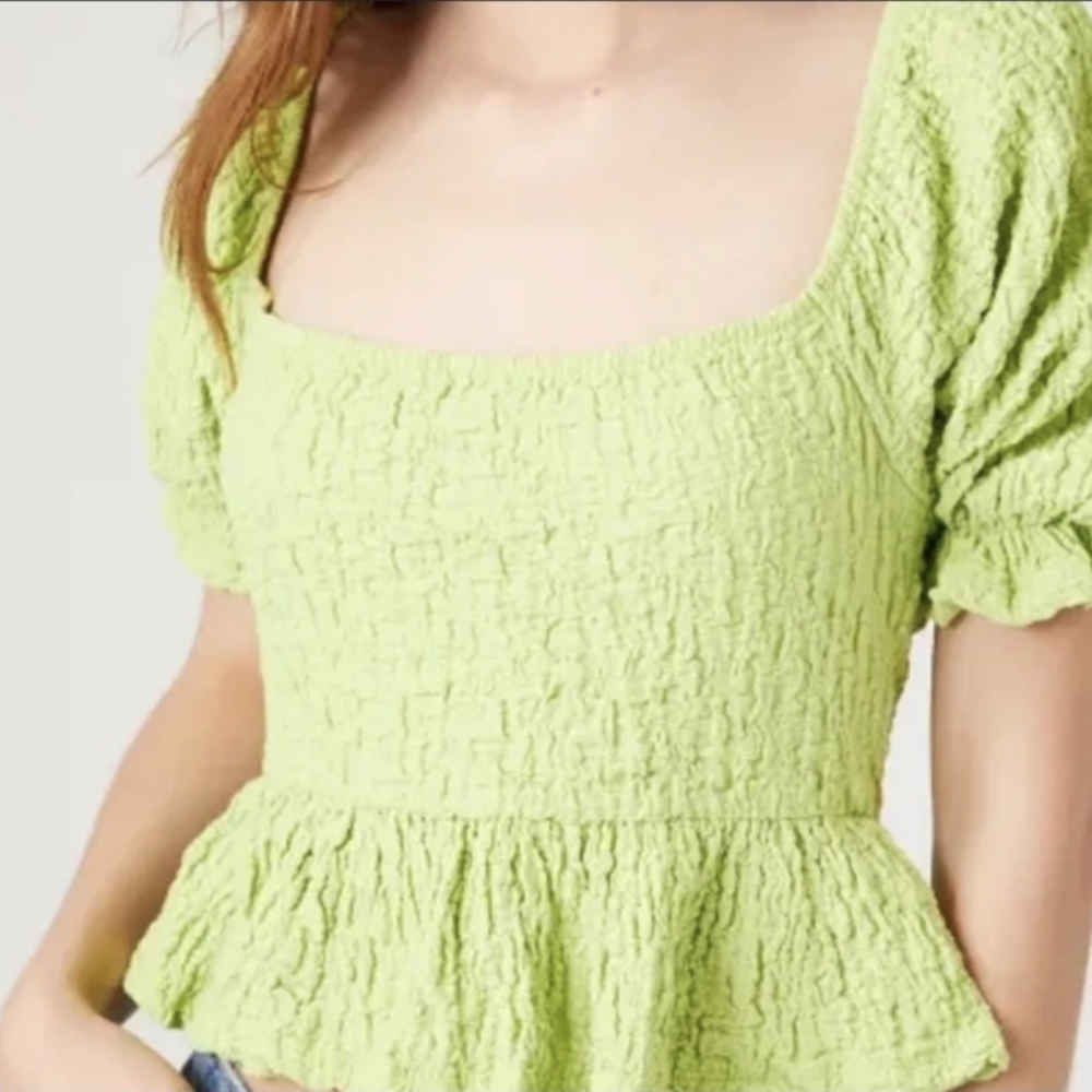 Forever 21 Green Puff Sleeve Smocked Blouse